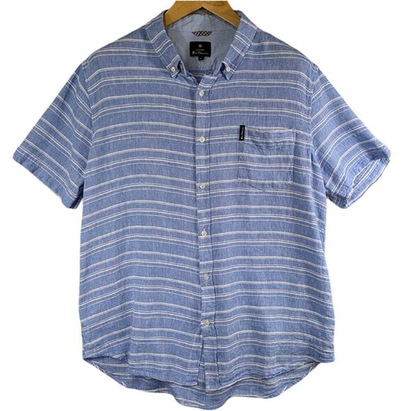 Original Ben Sherman Button Down Shirt XL Linen Blend Blue Striped Preppy Beach - Picture 1 of 13